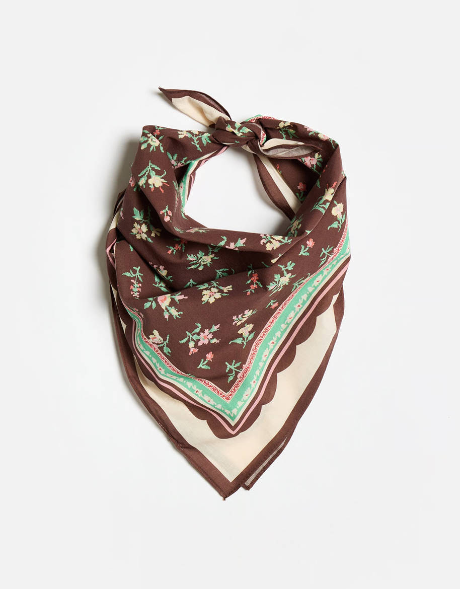 Chocolate Brown & Pink Floral Cotton Square Scarf